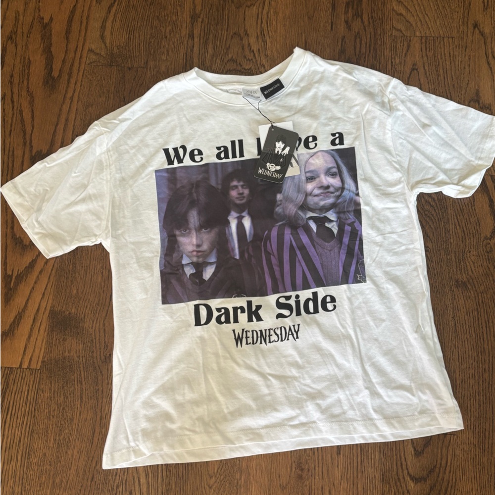 Zara White Graphic Tee with Dark Side Print